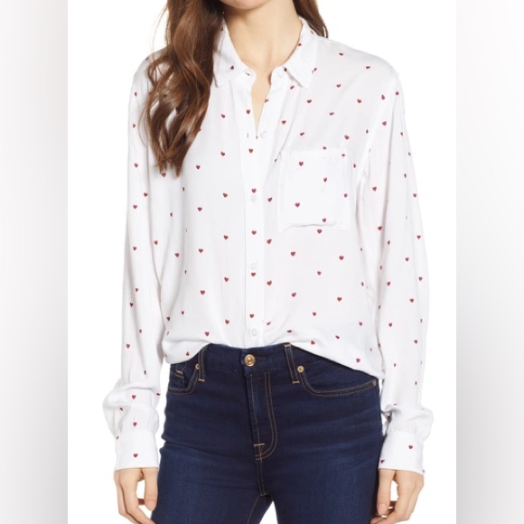 Rails Rocsi Red Hearts Button-Down Long Sleeve Rayon Top